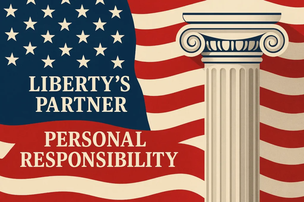 Patriotic graphic with American flag and column featuring the words “Liberty’s Partner: Personal Responsibility,” symbolizing Montana’s constitutional values of freedom and responsibility.