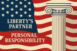 Patriotic graphic with American flag and column featuring the words “Liberty’s Partner: Personal Responsibility,” symbolizing Montana’s constitutional values of freedom and responsibility.