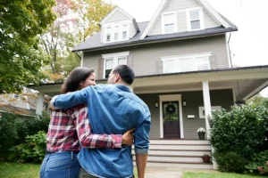 A couple stands arm in arm looking at their home, symbolizing the dream of true homeownership free from perpetual property taxes.
