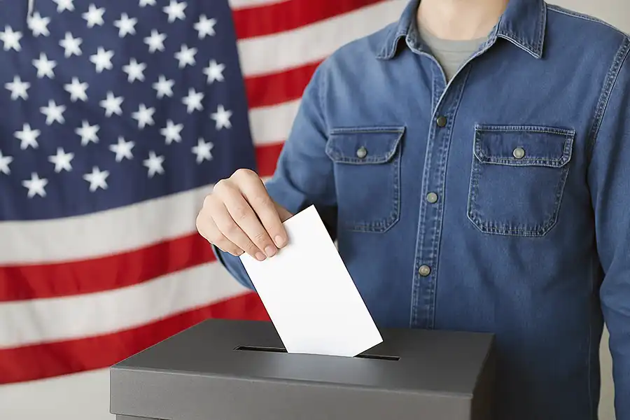 Symbol of citizen accountability in government — Americans participating in democracy to protect liberty and self-government.