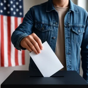 Symbol of citizen accountability in government — Americans participating in democracy to protect liberty and self-government.