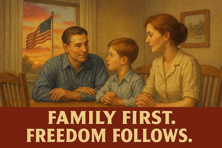 A vintage-style painting of an American family with a flag and the words “Family First, Freedom Follows” promoting faith and family values.