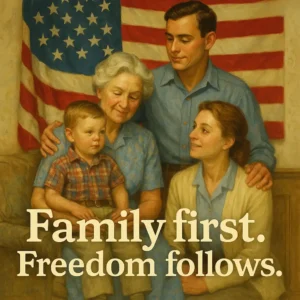 A vintage-style painting of a multi-generational American family sitting together in front of a U.S. flag, with the words “Family first. Freedom follows.” written below.