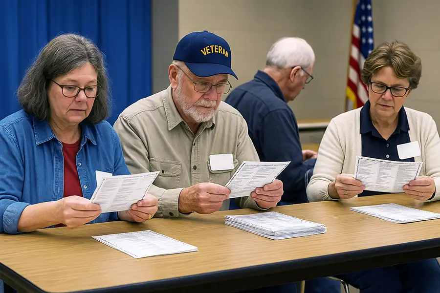 Four Montana election judges seated at a table hand-counting paper ballots under public observation, with an American flag in the background. The scene conveys transparency, civic duty, and trust in the election process.