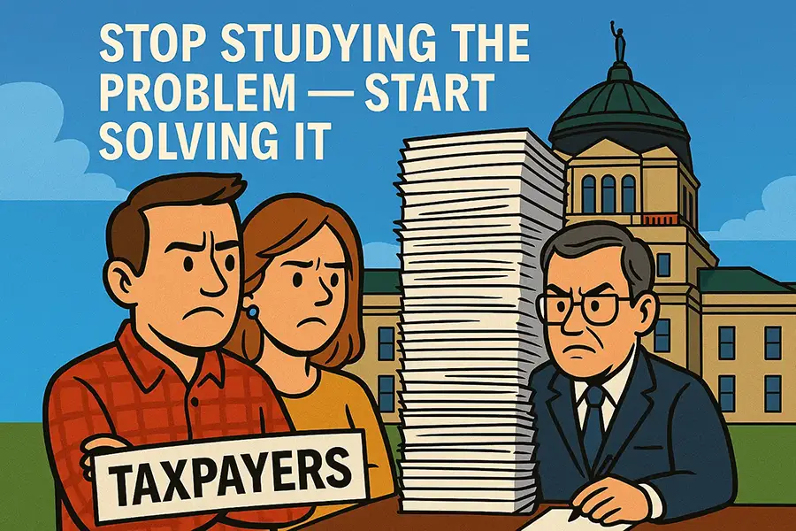 A large stack of paperwork sits on a wooden desk beside a clock and a telephone, with the Montana State Capitol in the background. Text over the image reads: “Interim Study Committees — We’re doing this to make you think you can’t solve problems without government.”