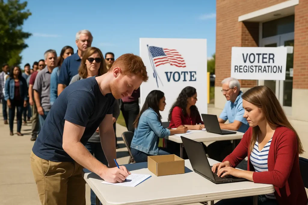 Voters line up outside a Montana polling place on a bright, sunny day with a clear blue sky. Election workers are visible at tables near the entrance as people register and cast ballots, capturing the energy and rush of same-day voting in a realistic, patriotic scene.