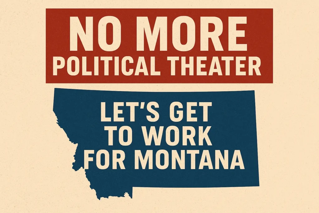 Graphic showing a Montana landscape with bold text saying “Montana Deserves Honesty — Not Political Theater.” The design emphasizes unity, accountability, and conservative values with a strong call for candidates to be transparent about where they stand.