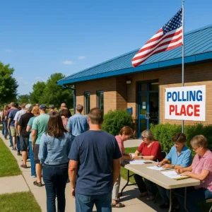 Montana voters line up on a sunny day for same-day registration and ballot casting, reflecting the rush of Election Day activity.
