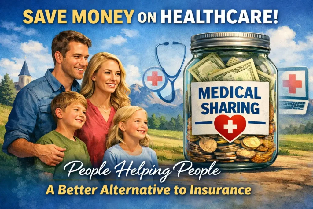 Family of four standing outdoors beside a jar labeled ‘Medical Sharing,’ representing medical sharing plans as a people-helping-people alternative to traditional health insurance.